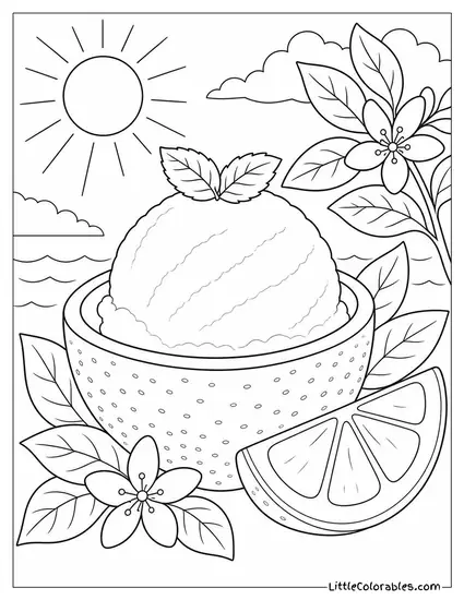 A Lemon Sorbet Scoop in a Hollowed Out Lemon Half Coloring Page