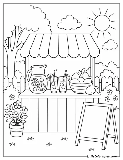A Lemonade Stand With a Striped Awning and a Chalkboard Sign Coloring Page