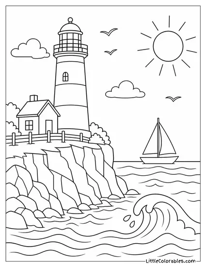 A Lighthouse on a Rocky Cliff Above Summer Waves Coloring Page