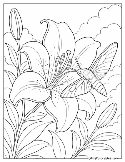 A Lily Bloom with a Hawk Moth Hovering at its Center Coloring Page