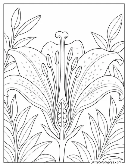 A Lily Cross Section Showing Stamens Pistil and Petal Detail Coloring Page