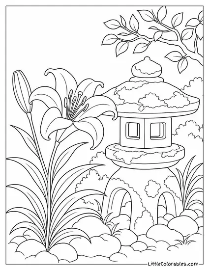 A Lily Growing Beside a Mossy Stone Garden Lantern Coloring Page