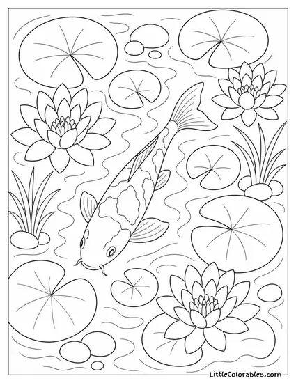 A Lily Pond with Pads Blooms and a Single Koi Visible Coloring Page
