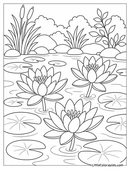 A Lily Pond with Three Blooms and Floating Pads Coloring Page