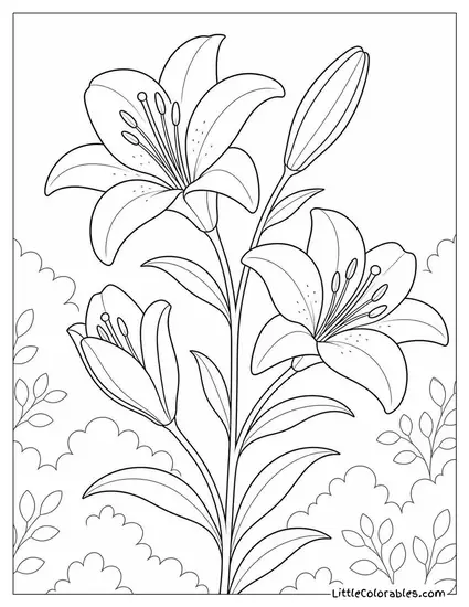 A Lily Stem with Four Blooms at Different Stages Coloring Page