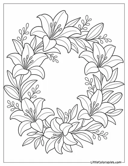 A Lily Wreath Arranged in a Circle on a Flat Surface Coloring Page