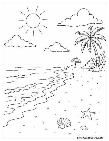 A Long Straight Shoreline With One Beach Umbrella Far in the Distance Coloring Page