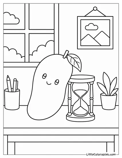 A Mango Leaning Against a Small Hourglass on a Plain Desk Coloring Page