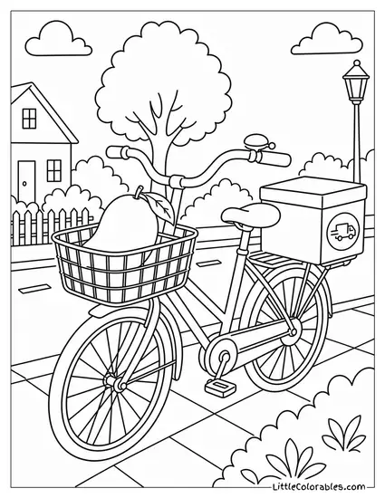 A Mango Placed in the Front Basket of a Simple Delivery Bicycle Coloring Page