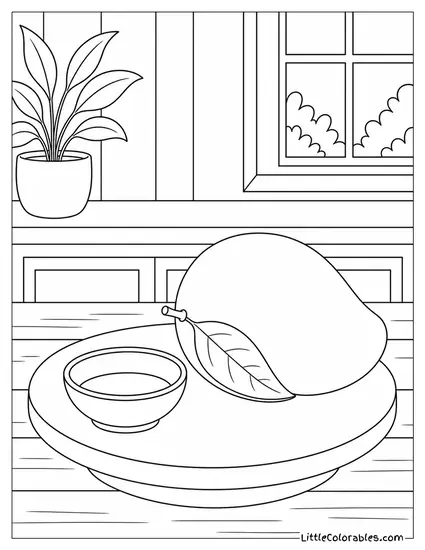 A Mango Placed on a Round Wooden Lazy Susan Beside a Small Dish Coloring Page