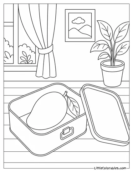 A Mango Resting Inside a Plain Tin Lunchbox With the Lid Open Coloring Page