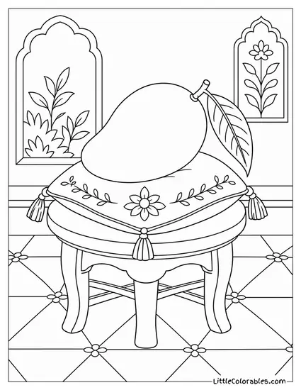 A Mango Resting on a Small Embroidered Cushion on a Wooden Stool Coloring Page