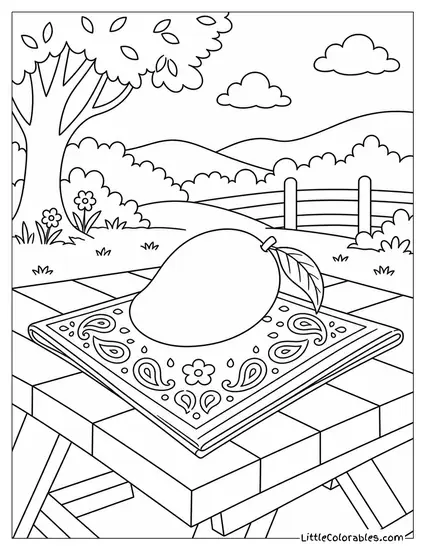 A Mango Resting on Top of a Folded Bandana on a Picnic Table Coloring Page