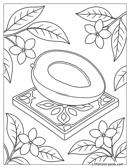 A Mango Sliced in Half With the Pit Removed Resting on a Small Plate Coloring Page