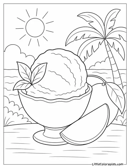A Mango Sorbet Scoop With a Slice of Mango on the Side Coloring Page