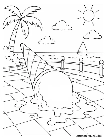 A Melting Ice Cream Cone Leaving a Puddle on the Pavement Coloring Page