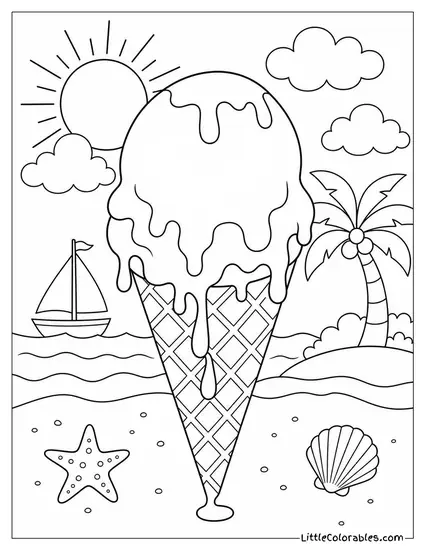A Melting Ice Cream Dripping Down All Sides of a Cone Coloring Page
