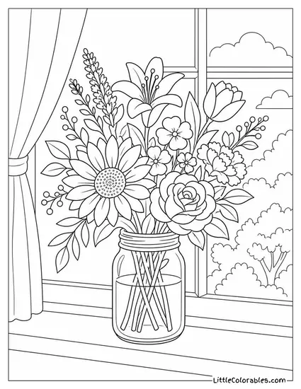 A Mixed Bouquet in a Mason Jar on a Windowsill Coloring Page