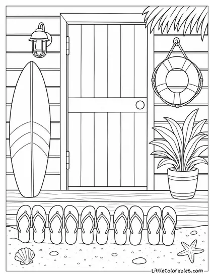 A Neat Row of Flip Flops Outside a Beach Shack Door Coloring Page
