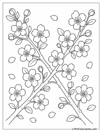 A Pair of Branches Crossing with Blossoms at Every Node Coloring Page