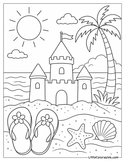 A Pair of Children Flip Flops Next to a Sandcastle Coloring Page