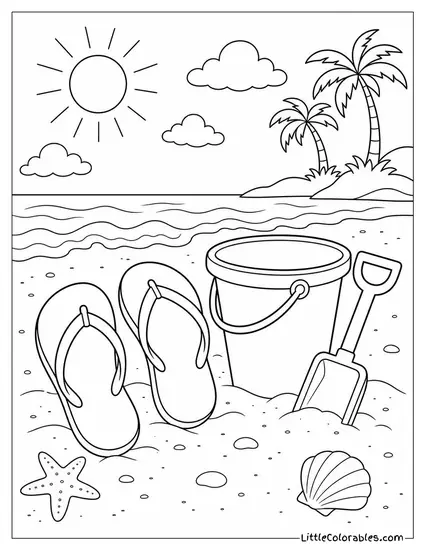 A Pair of Flip Flops Beside a Bucket and Spade on the Sand Coloring Page