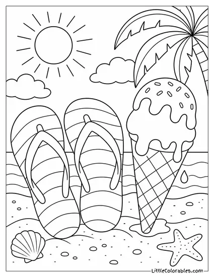 A Pair of Flip Flops Beside a Dripping Ice Cream Cone Coloring Page