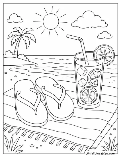 A Pair of Flip Flops Beside a Tall Glass of Lemonade on a Towel Coloring Page