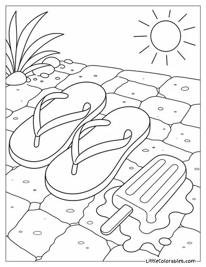 A Pair of Flip Flops Next to a Melting Popsicle on Hot Pavement Coloring Page