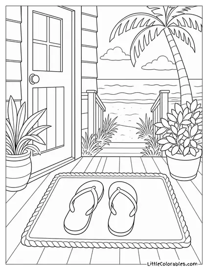A Pair of Flip Flops on a Welcome Mat Outside a Beach House Coloring Page