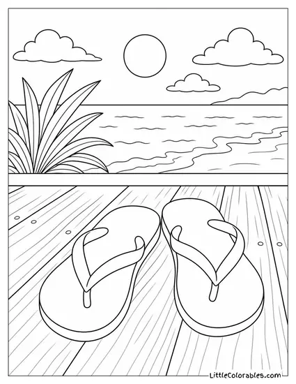 A Pair of Flip Flops on a Wooden Boardwalk With Ocean Behind Them Coloring Page