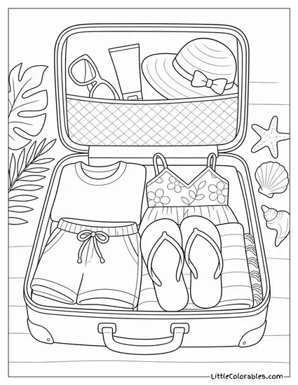 A Pair of Flip Flops Packed Into an Open Suitcase With Summer Clothes Coloring Page