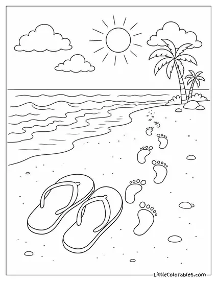 A Pair of Flip Flops With a Trail of Wet Footprints Behind Them Coloring Page