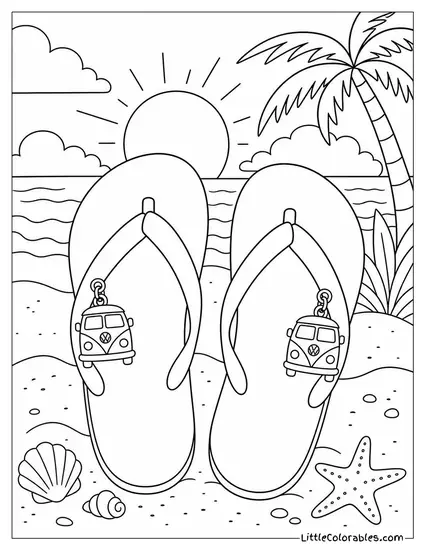 A Pair of Flip Flops With a Vw Camper Van Charm on the Strap Coloring Page