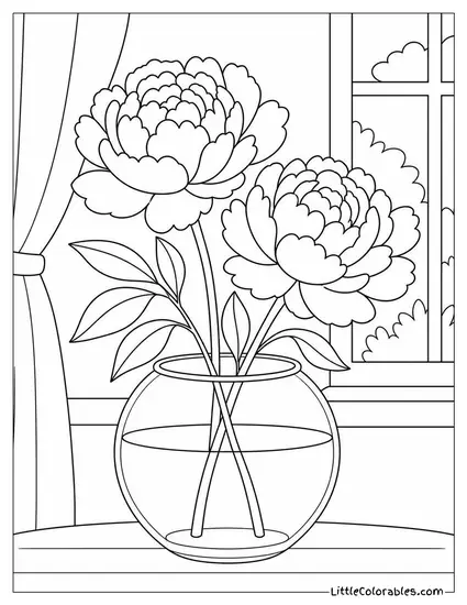 A Pair of Peonies in a Round Fishbowl Vase Coloring Page