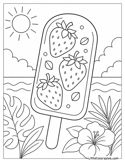 A Paleta Style Popsicle With Whole Strawberries Visible Inside Coloring Page