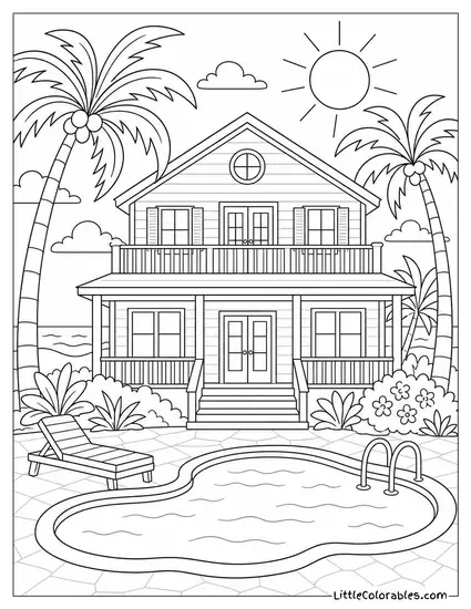 A Pastel Beach House With Tall Palms and a Pool in Front Coloring Page