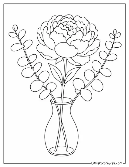 A Peony and Two Sprigs of Eucalyptus in a Simple Bud Vase Coloring Page