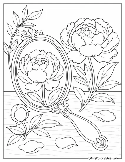 A Peony Bloom Reflected in a Small Oval Hand Mirror Coloring Page