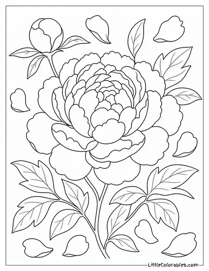 A Peony Bloom with Petals Scattered Around it on Linen Coloring Page