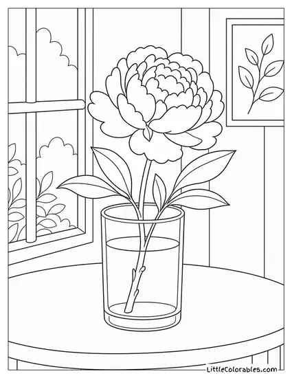 A Peony Cutting in a Glass of Water with Stem Visible Coloring Page