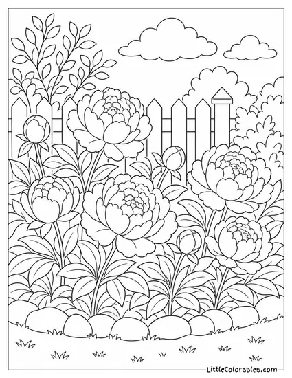 A Peony Garden Border in Full Spring Bloom Coloring Page