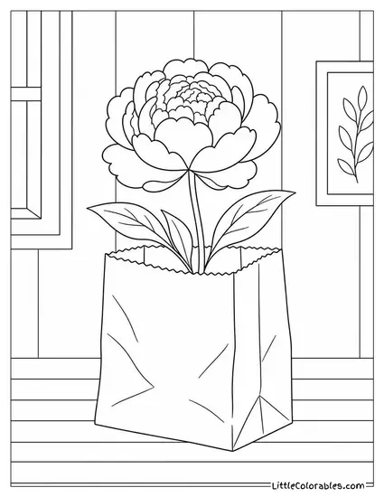 A Peony in a Plain Brown Paper Bag with Stem Poking Out Coloring Page