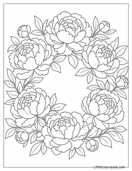 A Peony Wreath Laid Flat Showing Every Layered Bloom Coloring Page