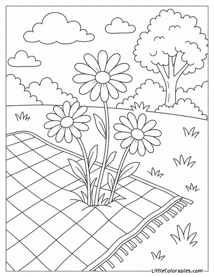A Picnic Blanket Corner with Three Daisies Growing Through It Coloring Page