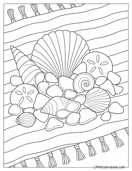 A Pile of Seashells and Sea Glass on a Striped Towel Coloring Page