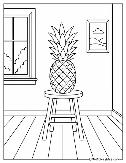 A Pineapple Balanced on a Small Wooden Stool in an Empty Room Coloring Page