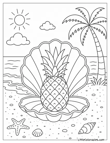 A Pineapple Inside a Large Open Clamshell Resting on a Sandy Beach Coloring Page