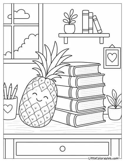 A Pineapple Leaning Against a Tall Stack of Hardcover Books Coloring Page
