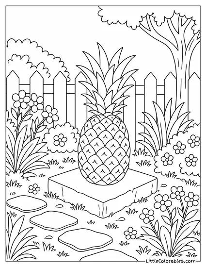A Pineapple Placed on a Small Square Stepping Stone in a Garden Coloring Page